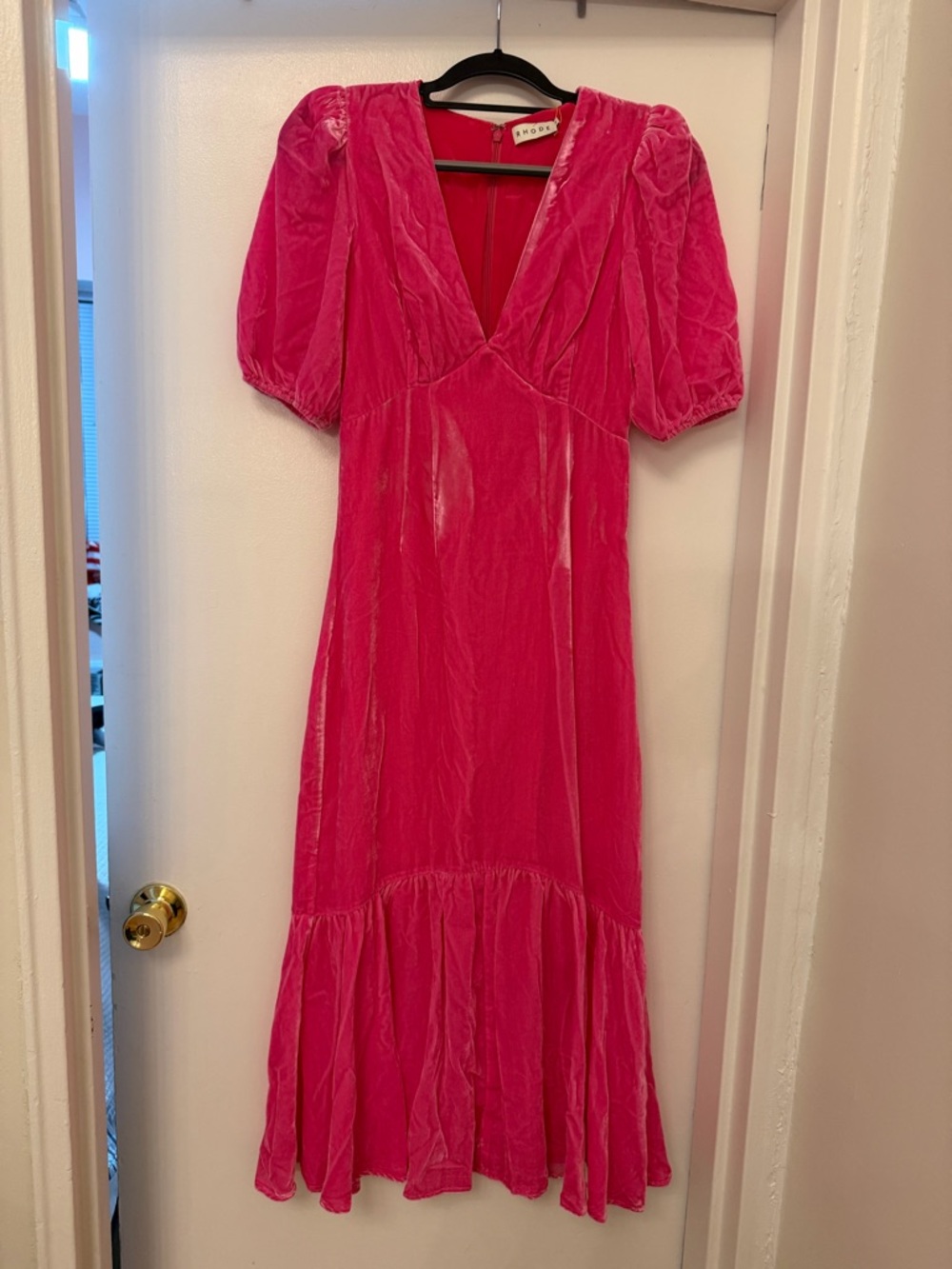 RHODE Hot Pink Velvet Maxi Dress with Puff Sleeves